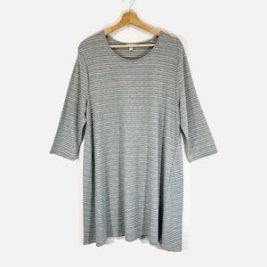 Garnet Hill T Shirt Dress Gray and White Stripe 3/4 Sleeves A Line Soft Size XL